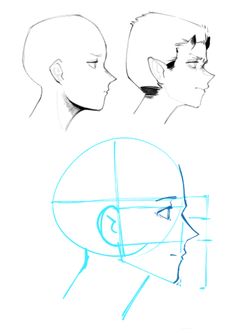 three different angles of the face and head, with one being drawn in blue pencil