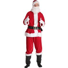 a man dressed as santa claus standing in front of a white background