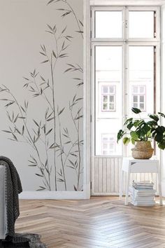 a living room with white walls and wooden flooring next to a potted plant