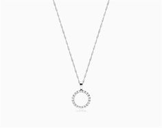 14K White Gold Open Diamond Circle Necklace. This minimalist open circle pendant features round-cut prong set diamonds on a simple solid bail. Set in 14K white gold on an 18 inch chain, this timeless piece is perfect for everyday wear aka Diamond Necklaces White Gold Circle Necklace With Halo, White Gold Circular Halo Necklace, Fine Jewelry White Gold Circle Diamond Necklace, White Gold Circle Diamond Necklace Fine Jewelry, Classic White Gold Open Circle Necklace, Modern White Gold Necklace With Open Circle Design, Modern White Gold Necklaces With Open Circle, Modern White Gold Open Circle Necklaces, Everyday White Gold Round Diamond Necklace