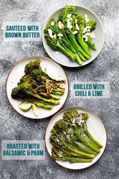 broccoli and other vegetables are on plates with the words, grilled with garlic & parmesan