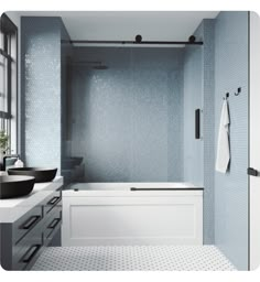 a bathroom with blue and white tiles on the shower wall, tub and sink area