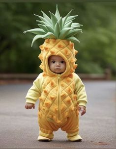 a baby dressed in a pineapple costume standing on the street with his head turned to the side