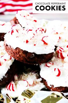 chocolate peppermint cookies with white frosting and crushed candy canes on top