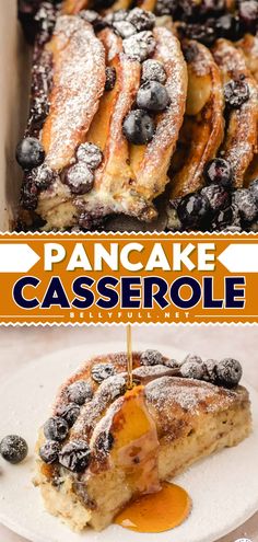 This amazing Pancake Casserole is everyone’s favorite pancakes turned into a substantial overnight breakfast casserole. Preparing it the night before makes breakfast or brunch the next morning so quick and easy! Pancake Crockpot Recipes, Blueberry Pancake Casserole Crockpot, Pancake Blueberry Casserole, Make The Night Before Breakfast, Apple Pancake Casserole Breakfast, Crockpot Blueberry Pancake Casserole, Crepe Casserole Breakfast, Crockpot Pancake Casserole, Breakfast Casserole Pancake