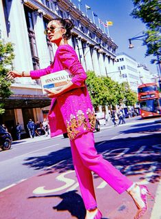 Papa Don't Preach, Silk Pant Suit, Hot Pink Pants, Embellished Blazer, Derby Dress, Wild Woman, Pant Suit, Pink Pants, Floral Jumpsuit