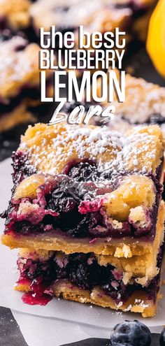 blueberry lemon bars stacked on top of each other