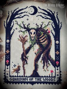 there is a cross stitch pattern with a skeleton holding a tree and the words garden of the woods on it