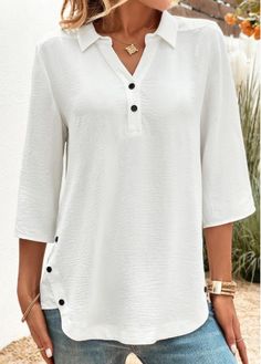 Color:White;Size:S;Size:M;Size:L;Size:XL;Size:XXL;Package Contents:1 X Blouse;Occasion:Casual;Style:Casual; Blouse Size Chart, Solid Texture, Basic Blouses, Trendy Tops For Women, Middle Age Fashion, Plain Blouse, Hem Blouse, Winter Stil, Collar Blouse