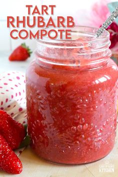 a jar filled with strawberry rhubarb compote