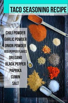 the ingredients to make taco seasoning recipe on a cutting board