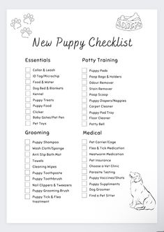 a printable puppy checklist is shown in black and white