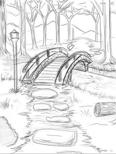 a drawing of a bridge over a river