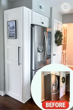 a kitchen with white cabinets and stainless steel refrigerator freezer combo in the corner, before and after remodeling