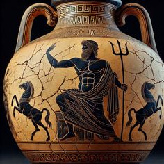 an ancient greek vase with the image of a man riding a horse and holding a staff