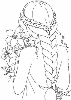 a drawing of a girl with long hair and braids holding flowers in her hand