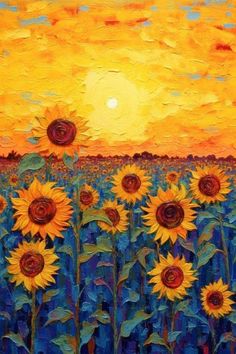 a painting of sunflowers in a field at sunset