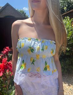 The Sorrento top Lemon Print Summer Tops, Vacation Sleeveless Tops With Lemon Print, Sleeveless Tops With Lemon Print For Vacation, Summer Tube Top For Brunch, Summer Bandeau Top For Brunch, Summer Lemon Print Tops For Vacation, Yellow Summer Style Tube Top, Summer Tops With Lemon Print For Vacation, Blue Tops For Summer Garden Party