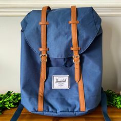 Herschel Retreat Back Pack. 19l. Navy Blue With Brown Vegan Leather Straps And Snap Closer. Used Only A Few Times. Like Brand New. Price Firm. No Trades.Smoke Free. Blue Summer School Backpack, Casual Blue Backpack With Adjustable Straps, Navy Casual Backpack With Adjustable Strap, Company Bag, New Price, Herschel Supply, Herschel, Vegan Leather, Leather Straps