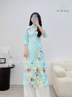 🌻 Stretchy level: 1/10 🌻Material: Gấm xốp 🌻 The measurement of this ao dai (long dress) is in Vietnamese size (American size tends to be bigger for the same size). Please LOOK AT THE SIZE CHART CAREFULLY BEFORE ORDERING. There might have some chalk writings on the fabric due to making process. These marks can be washed away easily. 🌻No returns or exchanges Buyer can contact seller about any issues with an order. 🌸 Follow us Facebook/aodaiemily www.aodaiemily.com 💜 Thank you very much!💜 Spring Wedding Ao Dai With Floral Print, Spring Ao Dai With Floral Print And Short Sleeves, Traditional Long Sleeve Ao Dai With Floral Print, Traditional Long Sleeve Floral Ao Dai, Traditional Ao Dai With Floral Print And Long Sleeves, Long Floral Print Ao Dai For Summer, Summer Floral Print Long Ao Dai, Long Blue Ao Dai For Spring, Summer Long Ao Dai With Floral Print