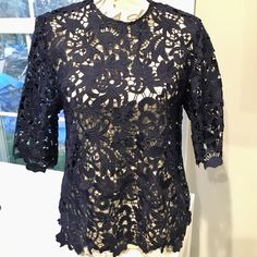 Make An Offer Gorgeous Blouse From Zara Never Worn! Nwot Excellent Condition! No Rips, Stains, Flaws, Etc. Navy Blue Crew Neckline Keyhole Opening In Back, Secured W/ Small Button Uneven Hemline Slanted 3/4 Length Sleeves Chic Short Sleeve Blouse With Scalloped Lace, Chic Scalloped Lace Short Sleeve Blouse, Blue Crochet Lace Top, Short Sleeve Lace Tops For Work, Blue Lace Crochet Top, Lace Short Sleeve Tops For Work, Blue Fitted Lace Top, Fitted Blue Lace Top, Blue Short Sleeve Blouse With Lace Trim