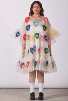 flared tier dress heart embroidery free size organza  pop colors Freesize Dress, Embroidered Hearts, Venus Fashion, Tier Dress, Organza Dress, Pure Love, Fashion Hub, Heart Dress, Silk Organza