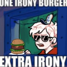 an animated image of a man eating a giant hamburger and the caption reads, one irony burgerer extra irony