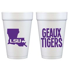 two plastic cups with the state of texas and the word ga faux tigers printed on them