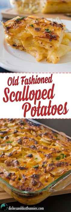 an old fashioned scalloped potatoes casserole on a white plate with text overlay