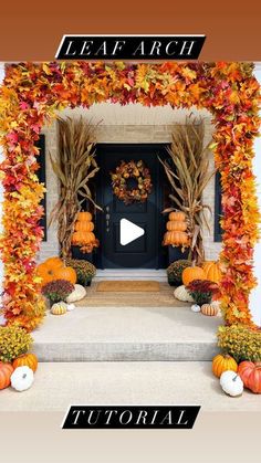 the front entrance to a home decorated for fall