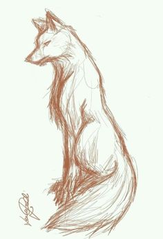 a drawing of a fox sitting on the ground with its tail curled up and eyes closed