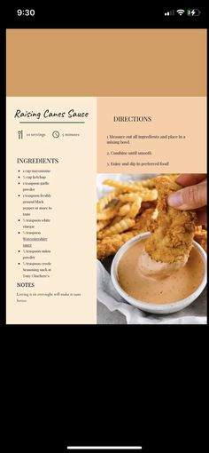 the menu for an appetizer is shown with dipping sauce on it and fried chicken in