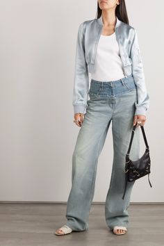 Spliced pants were spotted on Givenchy's Spring '23 runway and these jeans follow suit - they're made from two-tone denim and frayed across the middle. The straight legs are relaxed and pool at the hems. Silver accessories will match the subtle '4G' hardware. Spring Wide Leg Deconstructed Jeans, Trendy Deconstructed Bottoms For Spring, Spring Deconstructed Denim Blue Bottoms, Spring Straight Leg Deconstructed Jeans, Spring Deconstructed Straight Leg Jeans, Spring Reworked Jeans, Givenchy Jeans, Luxury Jeans, Givenchy Clothing