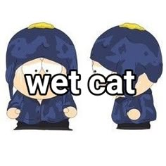 two cartoon characters with the words wet cat in front of them and an image of a person wearing a blue outfit