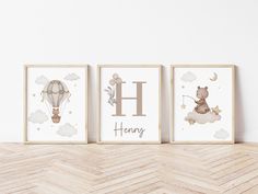 three children's nursery art prints featuring animals and hot air balloons with the letter h