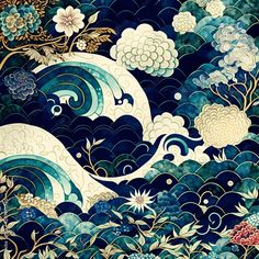 Ocean Pattern Design, Japanese Aesthetic Blue, Blue Japanese Aesthetic, Japanese Patterns Traditional, Indian Art Traditional, Artsy Patterns, Blue Patterns, Chinese Pattern, Japanese Woodblock Print