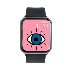 an apple watch with a pink face and blue eye on the front, showing the time