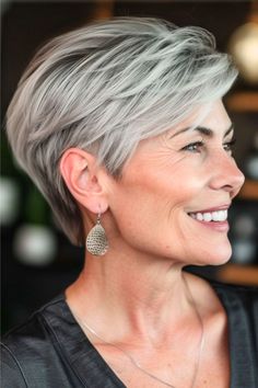 Layered Pixie with Side-Swept Bangs Hairstyle on smiling older woman with silver hair. Pixie Haircut For Older Women Over 60, Pixie Hairstyles For Older Women, Short Hair Back, Angled Bob Hairstyles, Short Silver Hair, Gorgeous Gray Hair, Choppy Layers, Haircut Inspiration