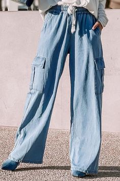 Drawstring Wide Leg Cargo Jeans with Pockets - Global Village Kailua Boutique Drawstring Jeans, Cargo Pocket, Cargo Jeans, Plus Size Swimwear, Drawstring Waistband, Casual Jeans, Free Spirit, Jeans Shorts, Wide Leg Jeans