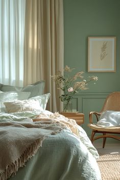 a bedroom with green walls and white curtains