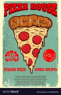 a poster with a slice of pizza on the front and back side, in retro style