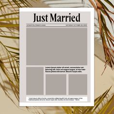 an image of a magazine cover with palm leaves in the foreground and text just married