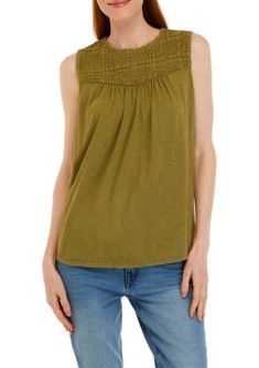 A crocheted yoke adds a feminine twist on this breezy cotton tank from Wonderly. | Wonderly Women's Crocheted Yoke Tank Top, X-Large Cotton Crochet Trim Tank Top, Cotton Tank Tops With Crochet Trim, Stretch Cotton Crochet Top With Crochet Trim, Stretch Cotton Tops With Crochet Trim, Casual Stretch Cotton Crochet Top, Stretch Crochet Trim Tank Top, Green Cotton Tops With Crochet Trim, Casual Cotton Tank Top With Crochet Trim, Chic Cotton Crochet Tank Top