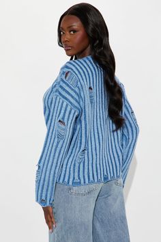 Available In Blue. Pullover Sweater Long Sleeve Crew Neck Distressed Washed Ribbed Hem Disclaimer: Due To The Distressed & Wash Process, Each Garment Is Unique. Self: 100% Acrylic Imported | In A Mood Distressed Sweater in Blue size XS by Fashion Nova In A Mood, Distressed Sweater, Distressed Sweaters, Blue Pullover, Women Hoodies Sweatshirts, Aaliyah, Blue Sweaters, Blue Fashion, Pullover Sweater