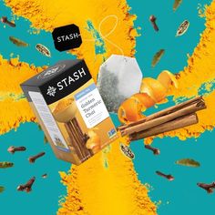 a box of stash incense next to cinnamon sticks and an orange on a blue background