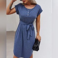 Summer Dress Features Crew Neck, Short Sleeve, Plain Color, Loose Fit, A-Line, Casual, Removable Tie, High Waist, Midi Dress, T-Shirt Dress, Dresses For Women, Button Down Dress And You Can Open It. Casual Dress For Women Contrast Button Down Closure Design, With Removable Tie To Close The Waist, Can Cover All Body Shapes. Perfect Knee Length Shows Your Long Legs And Irregular Hem Add More Playfulness To This Dress. Summer Midi Dress Will Never Out Of Style For Our Dress, A Perfect Gift Paloma Dress, Summer Midi Dress, Dress T Shirt, Blue And White Dress, Irregular Hem, Backless Maxi Dresses, Plain Color, Dress Short Sleeve, Dress The Population