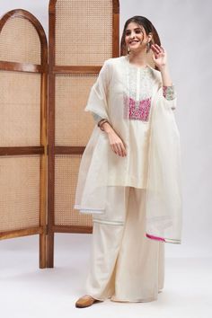 Off-White Cotton Mulmul Kurta Set with Dupatta| Chanderi Silk| Festive Off-white Palazzo Set With Dupatta And Straight Kurta, White Chanderi Palazzo Set For Festive, White Chanderi Palazzo Set For Diwali, Diwali White Chanderi Palazzo Set, White Chanderi Palazzo Set For Festive Occasion, Festive White Palazzo Set With Gota Work, Festive White Chanderi Palazzo Set, White Palazzo Set With Gota Work For Diwali, White Cotton Silk Sharara For Eid