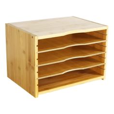 a wooden shelf with three shelves on one side and two drawers on the other end