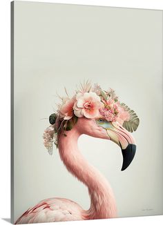 a pink flamingo wearing a flower crown on its head with flowers in it's beak