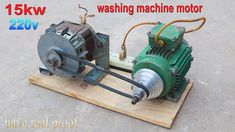 an electric motor sitting on top of a piece of wood with the words washing machine motor below it